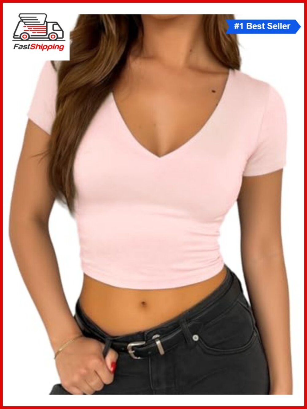✨ ForeFair Womens V Neck Short Sleeve Crop Top Double Lined Slim Fit Tee